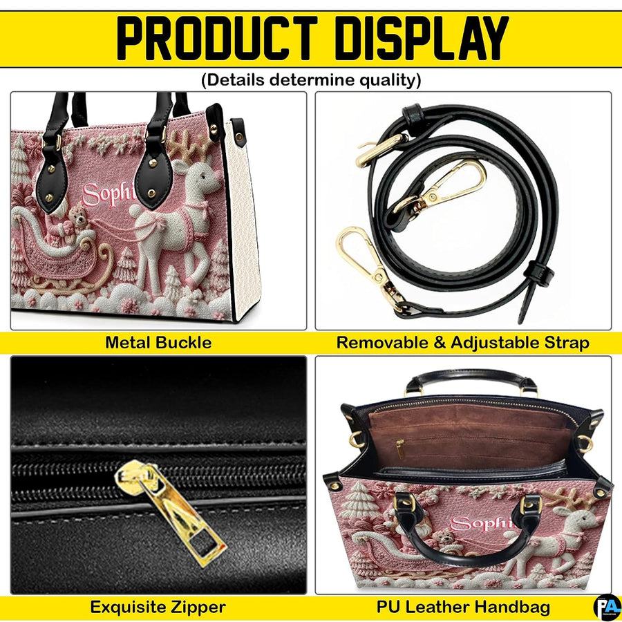 Product detail collage highlighting metal buckles, adjustable strap, zipper, and interior.