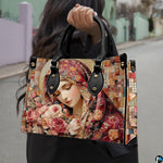 Street lifestyle presentation of woman wearing the Byzantine mosaic Virgin Mary art design.
