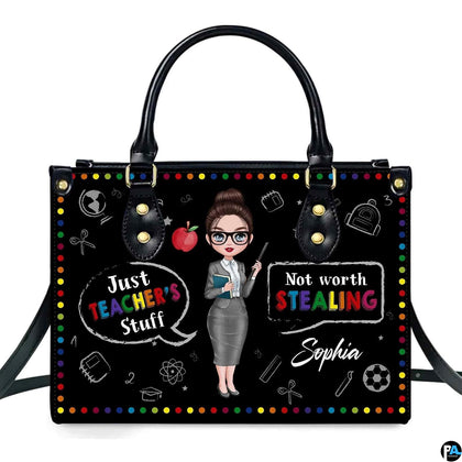 Chalkboard teacher humor handbag featuring rainbow polka dot border, apple, and school doodles.