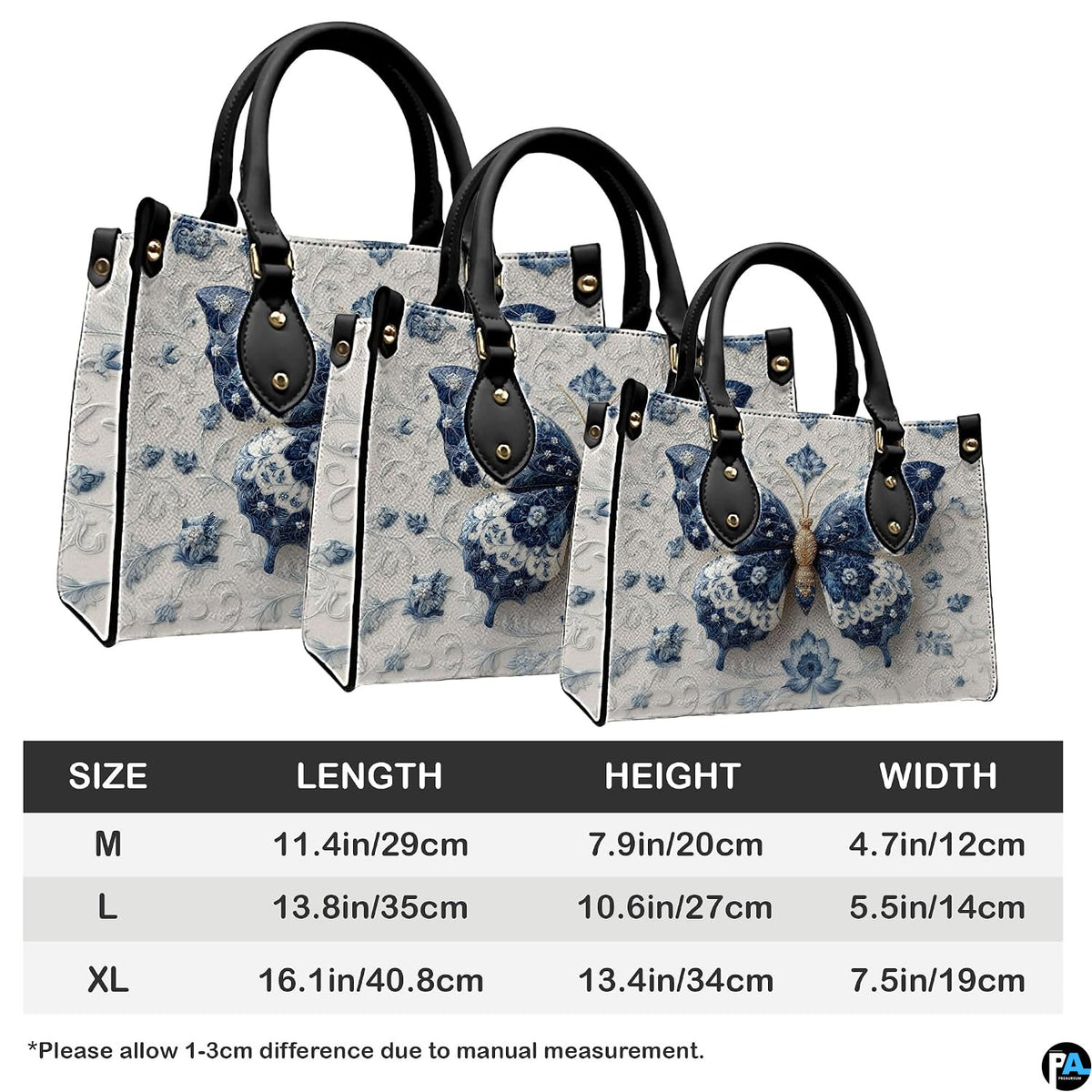 Three quarter view of structured blue porcelain butterfly handbag and matching companion piece