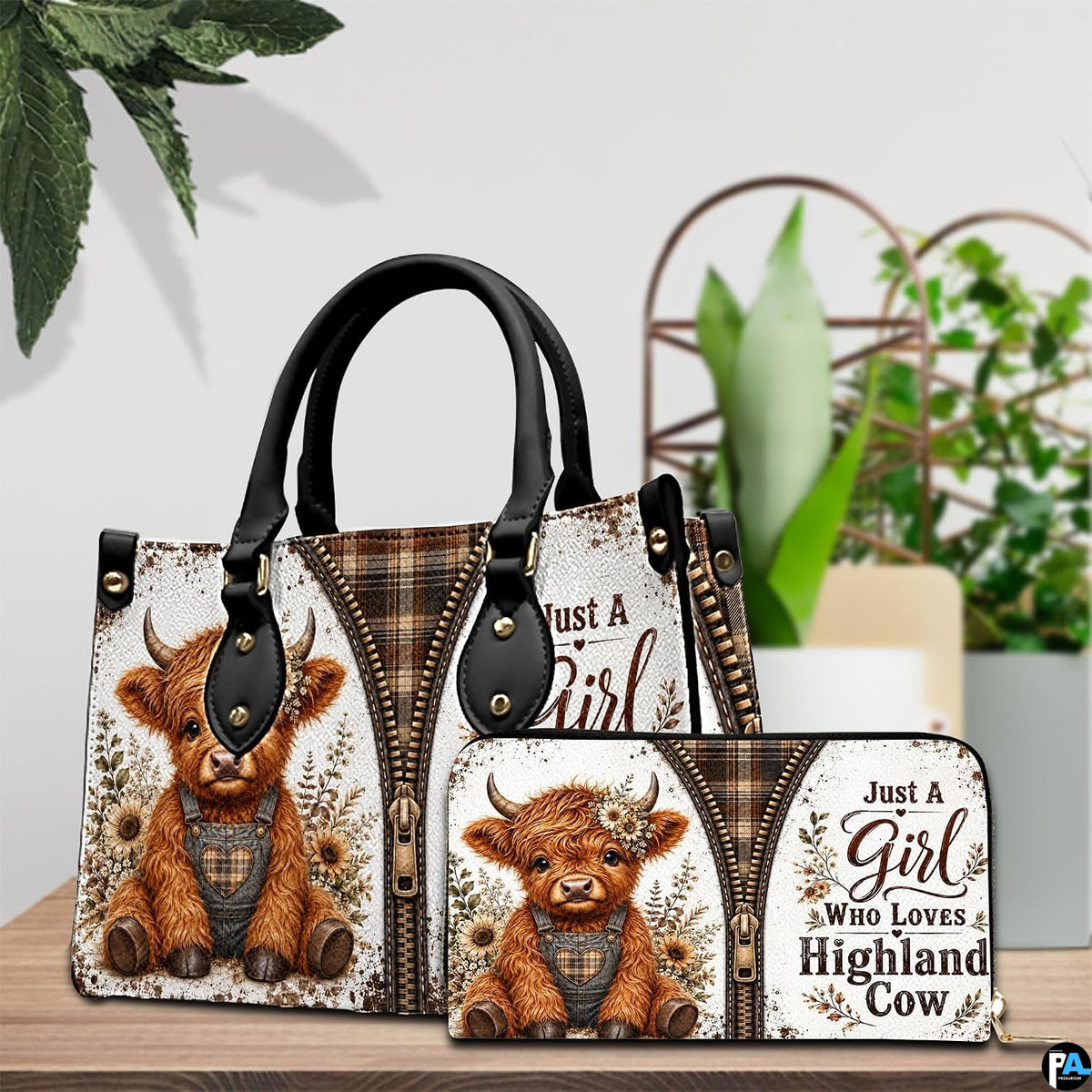 Tabletop display presenting coordinating items with the overalls calf and trompe-loeil layered artwork.