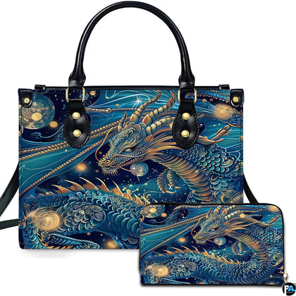 Teal Chinese dragon handbag with celestial orbs and matching wallet
