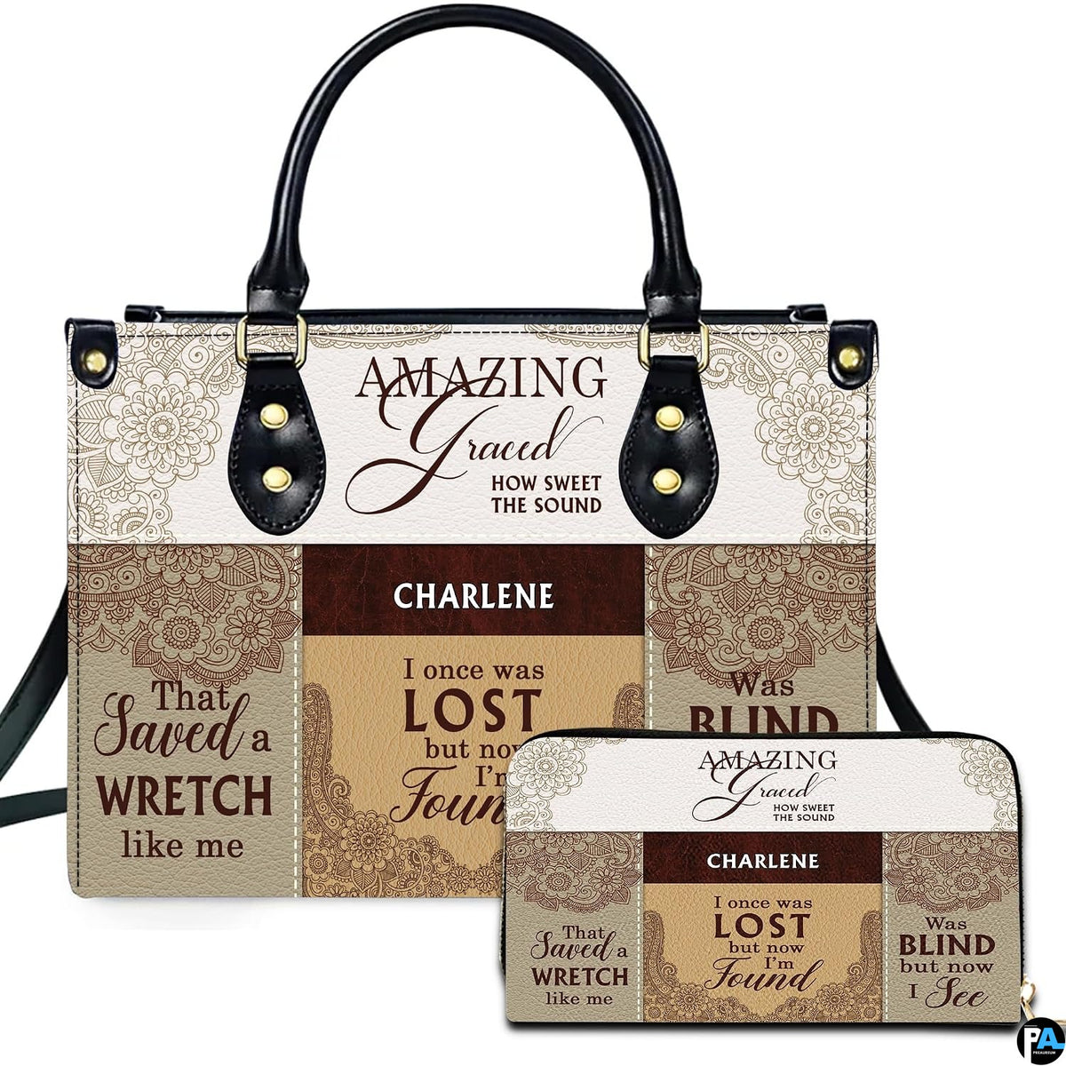 Christian hymn patchwork handbag and matching wallet set with lace mandalas