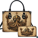 Steampunk mechanical octopus handbag and wallet set displayed against a white studio background