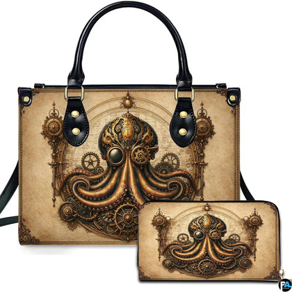Steampunk mechanical octopus handbag and wallet set displayed against a white studio background