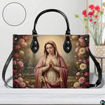 Virgin Mary rose garden handbag displayed alongside matching wallet