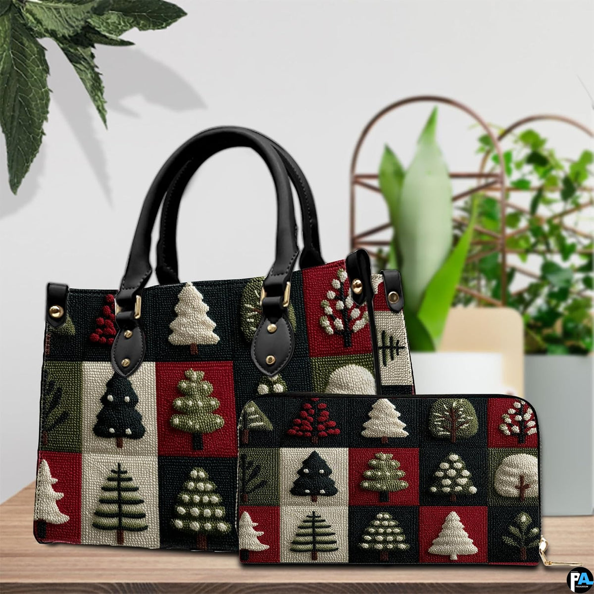 Interior display of festive evergreen tree checkered print item positioned beside a potted green houseplant