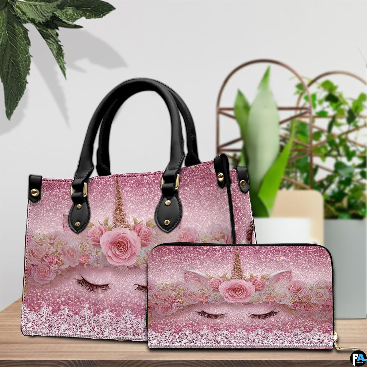 Top down view of unicorn handbag showing zipper closure and interior opening.