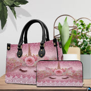 Top down view of unicorn handbag showing zipper closure and interior opening.