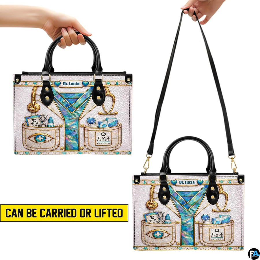 Model carrying optometrist handbag demonstrating professional styling and scale