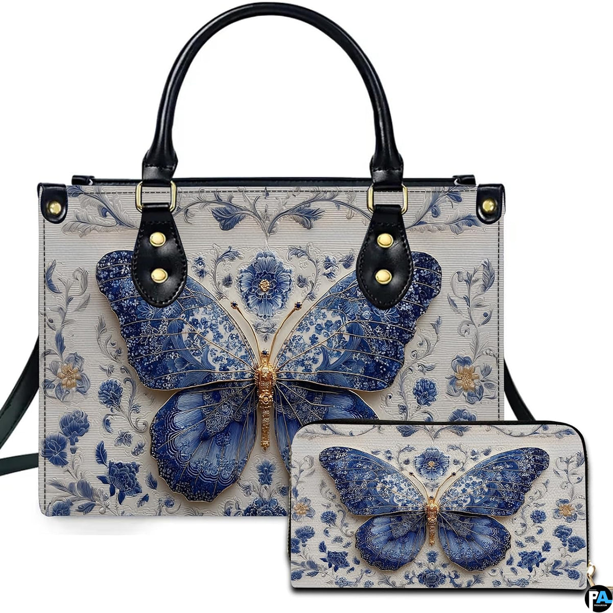 Front view of Delftware floral butterfly handbag and matching zip wallet on solid white background