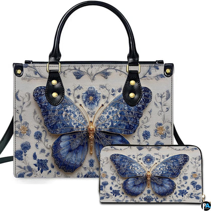 Front view of Delftware floral butterfly handbag and matching zip wallet on solid white background