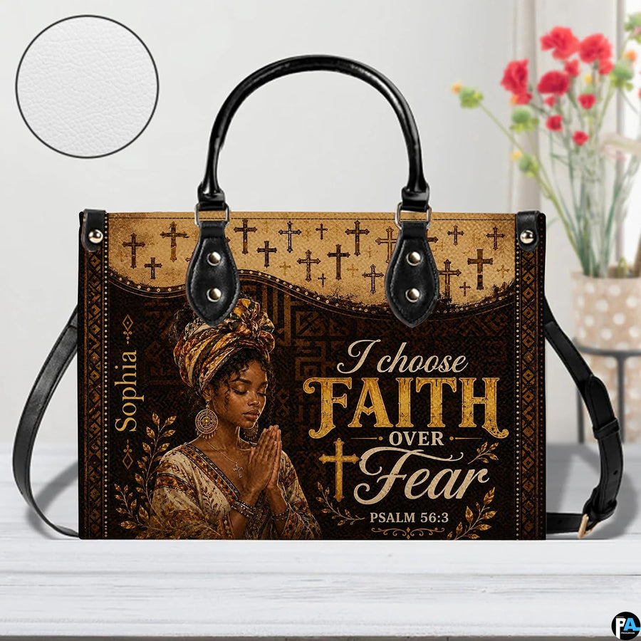 Handbag displayed on table with circular texture swatch inset