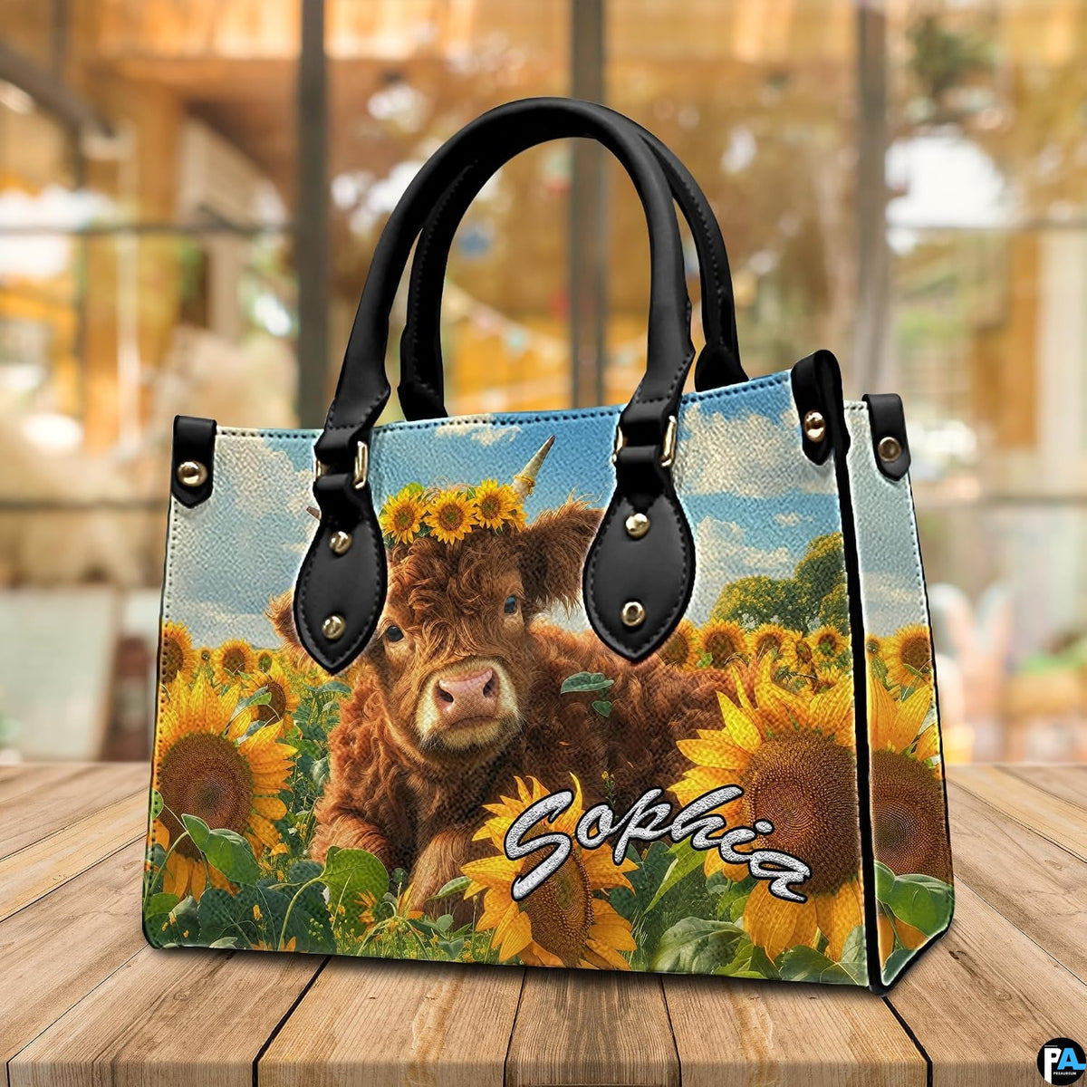 Three-quarter wooden tabletop view highlighting the sunny meadow calf artwork in warm ambient lighting.