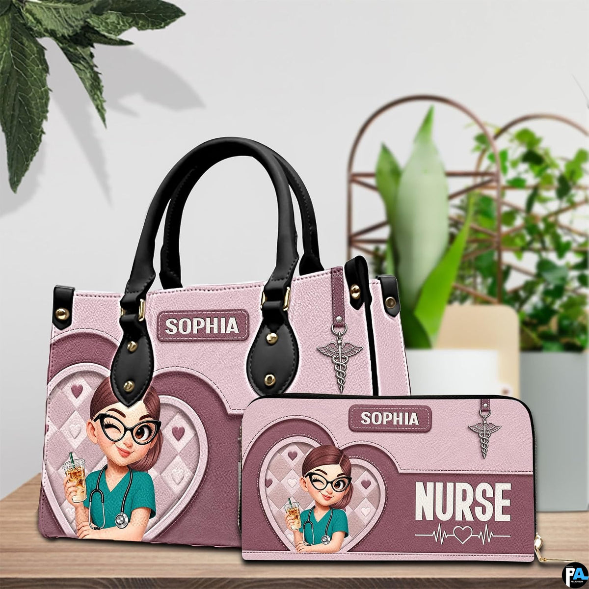 Chibi nurse pink quilted heart handbag and matching wallet set placed on wooden table beside plants.