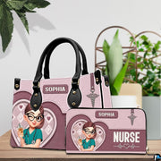 Chibi nurse pink quilted heart handbag and matching wallet set placed on wooden table beside plants.