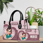Chibi nurse pink quilted heart handbag and matching wallet set placed on wooden table beside plants.