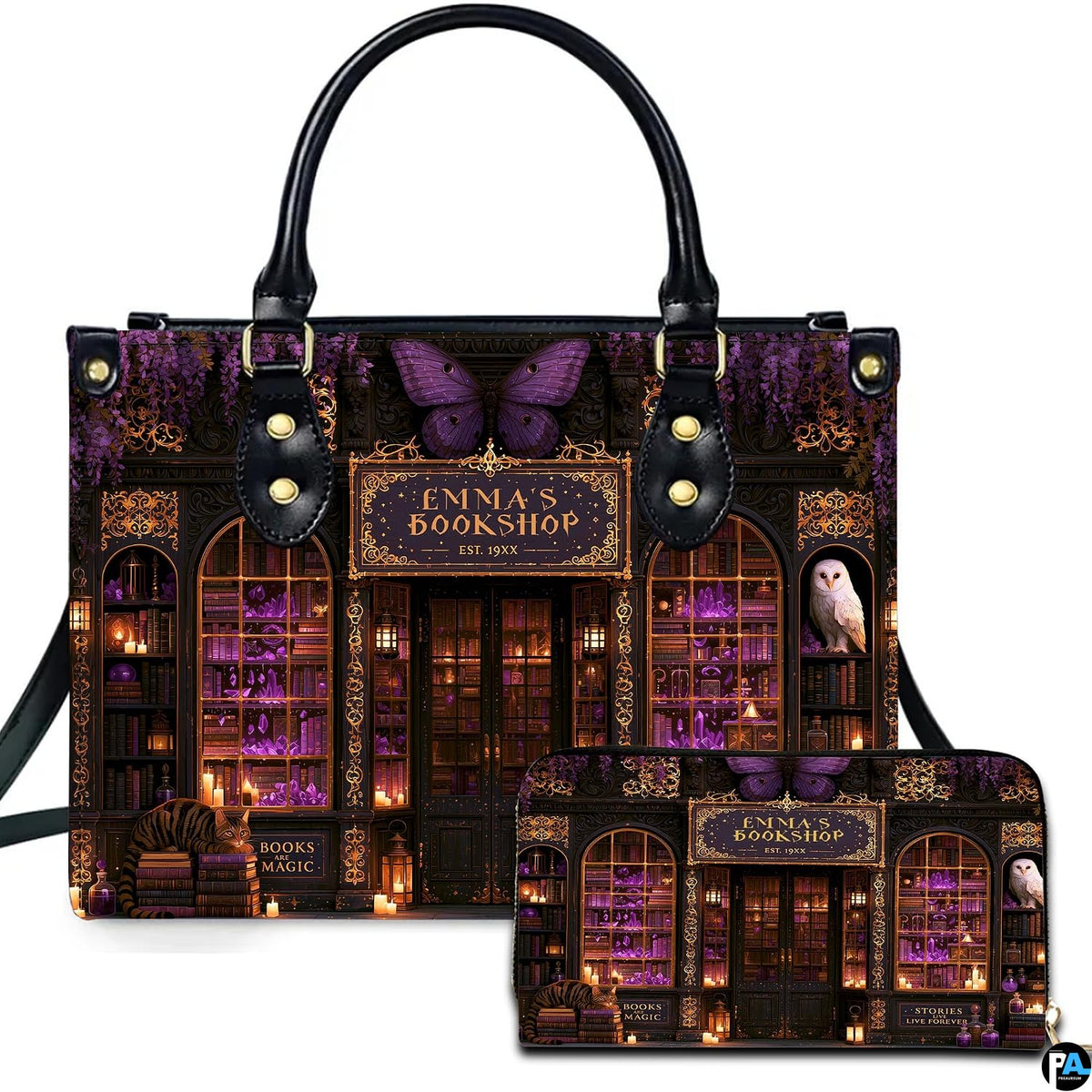 Front view of mystical purple bookstore artwork featuring butterfly emblem, amethyst crystals, owl, and feline.