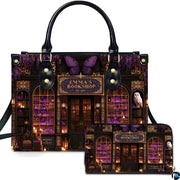 Front view of mystical purple bookstore artwork featuring butterfly emblem, amethyst crystals, owl, and feline.