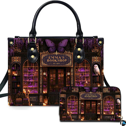 Front view of mystical purple bookstore artwork featuring butterfly emblem, amethyst crystals, owl, and feline.
