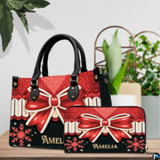 Product overview illustrating dimensions, carrying strap, and zipper detailing of Christmas handbag.