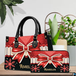 Product overview illustrating dimensions, carrying strap, and zipper detailing of Christmas handbag.