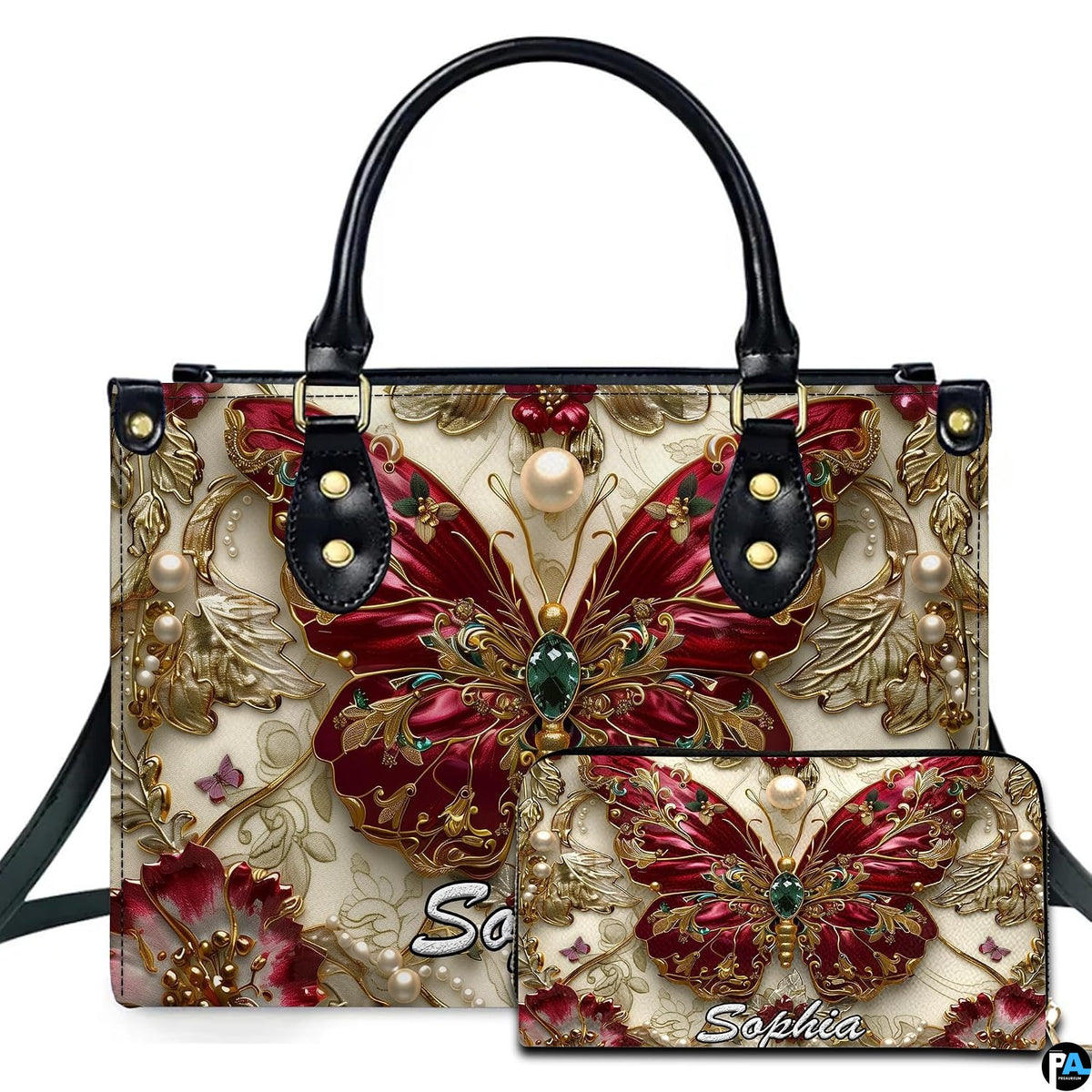 Baroque ruby butterfly gilded handbag and matching wallet set