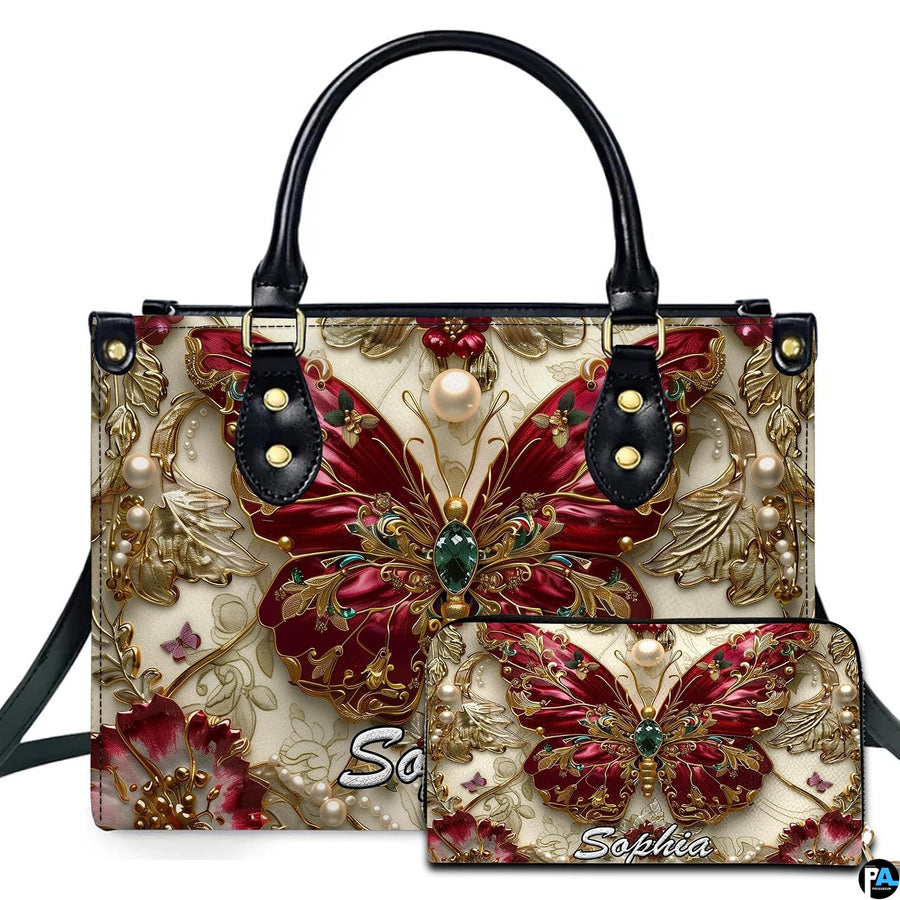 Baroque ruby butterfly gilded handbag and matching wallet set
