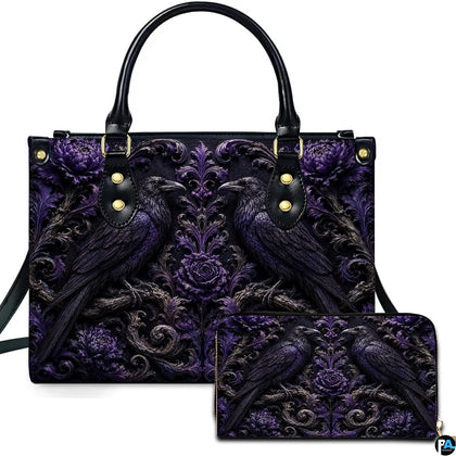 Gothic raven art showing twin facing ravens nestled amidst ornate purple filigree scrollwork and carved roses.
