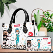 Chibi scrub cap nurse handbag and matching wallet set displayed on tabletop beside greenery.