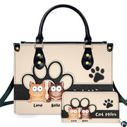 Front view of cute cartoon peeking cats handbag and matching wallet set with tabby kittens