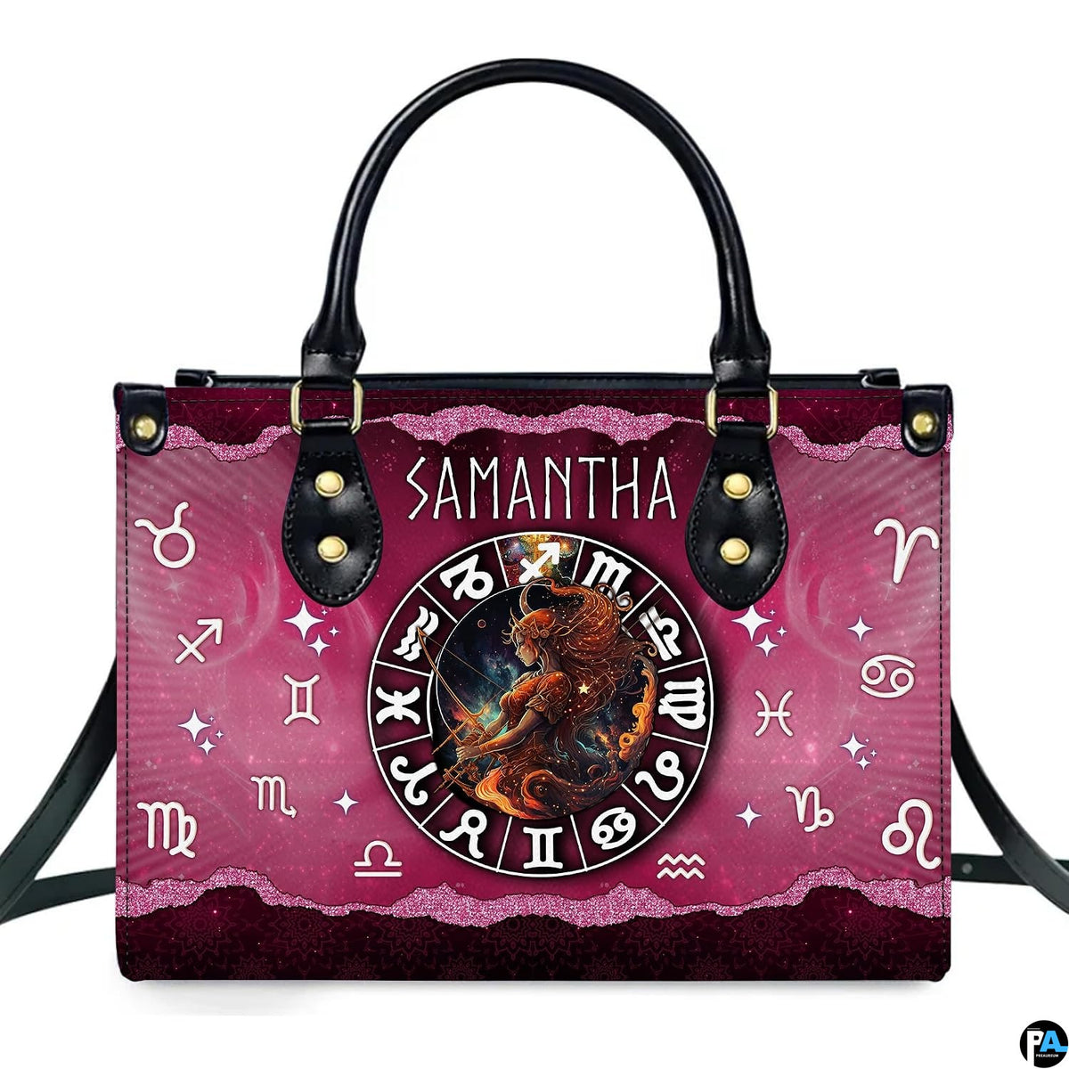 Studio front view of Celestial Archer Satchel Handbag on clean white background.