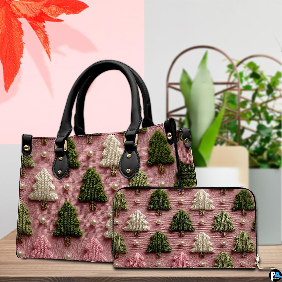 Lifestyle arrangement featuring holiday pine tree artwork beside potted indoor botanical foliage.