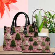 Lifestyle arrangement featuring holiday pine tree artwork beside potted indoor botanical foliage.