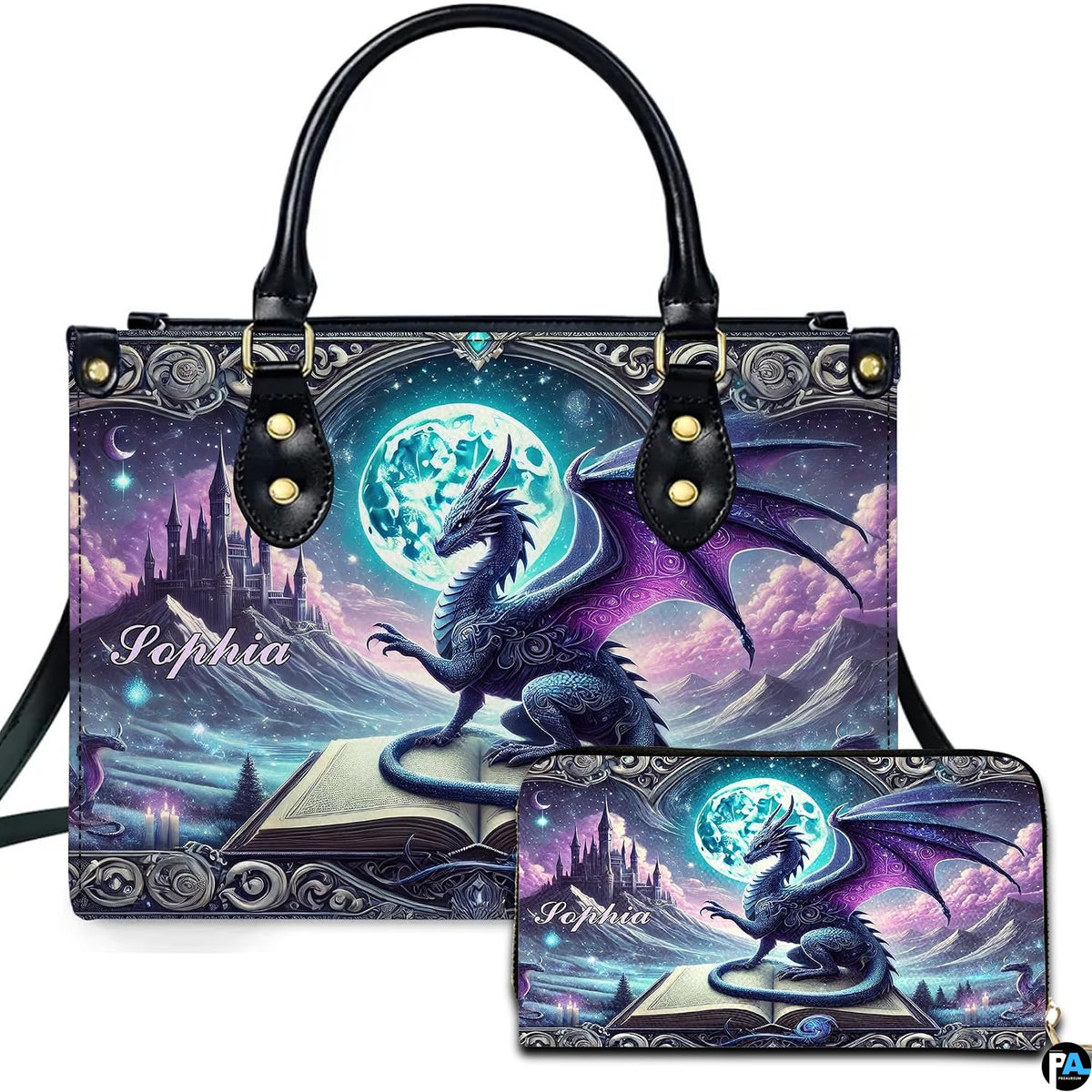 Studio front view of handbag and matching wallet with winged dragon on spellbook against full moon artwork.