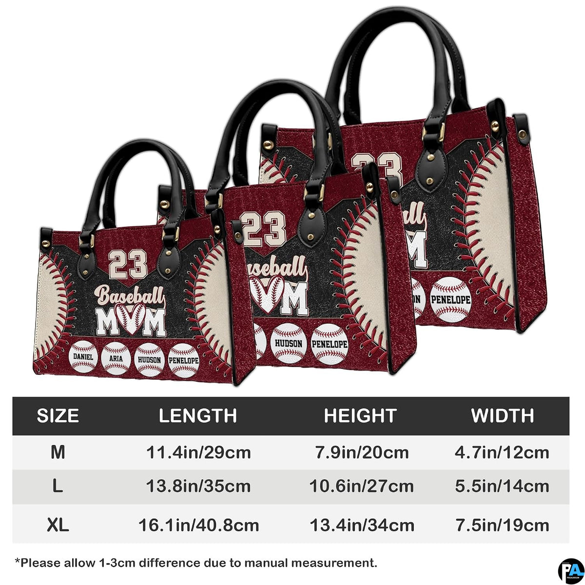 Top-down view of baseball handbag showing dual handles and interior storage opening.