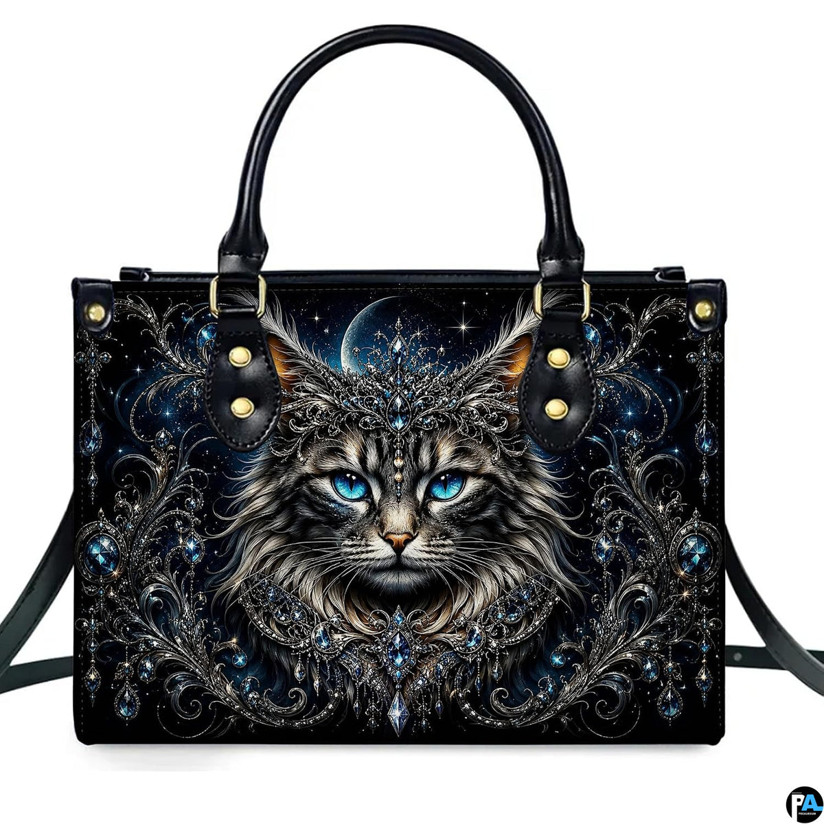 Front studio shot of crowned cat, sapphire blue eyes, crescent moon, and baroque filigree.
