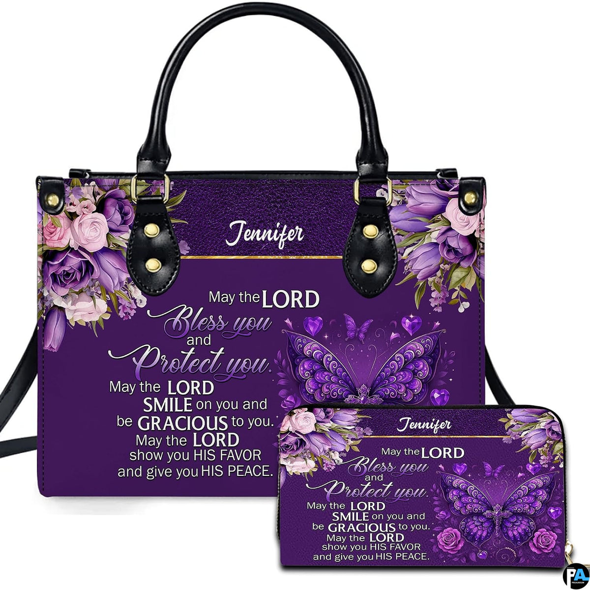 Christian blessing butterfly violet floral handbag and matching wallet set displayed upright on white background.
