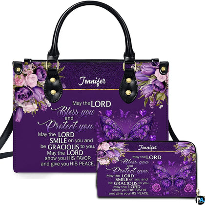 Christian blessing butterfly violet floral handbag and matching wallet set displayed upright on white background.