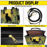 Four-panel layout presenting close-up visual accents of the golden forest black cat artwork.
