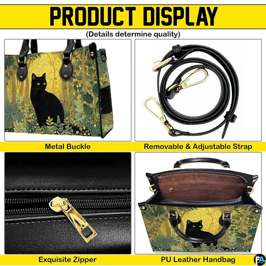 Four-panel layout presenting close-up visual accents of the golden forest black cat artwork.