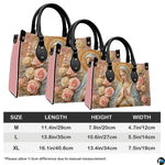 Tabletop display of praying Madonna handbag highlighting sculpted roses and golden halo