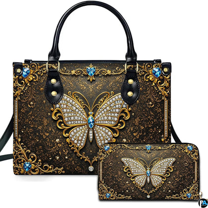 Baroque jeweled gold butterfly handbag and wallet set displayed together on white background