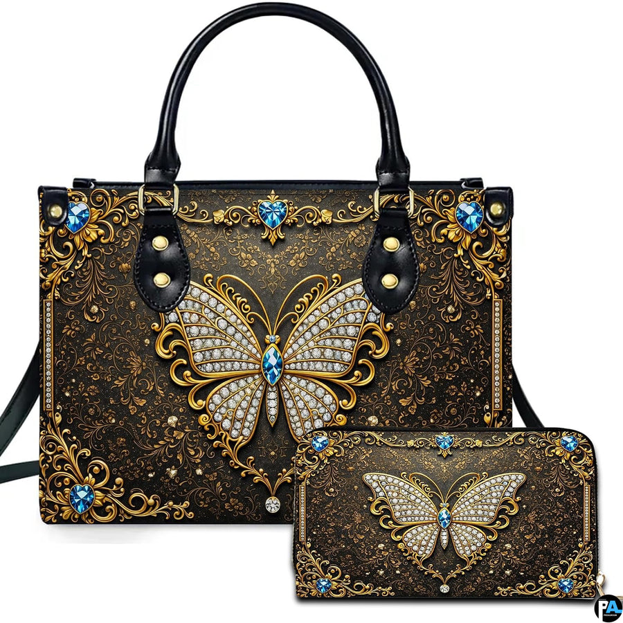 Baroque jeweled gold butterfly handbag and wallet set displayed together on white background