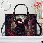 Dragon handbag beside floral vase with circular texture detail showing surface grain.