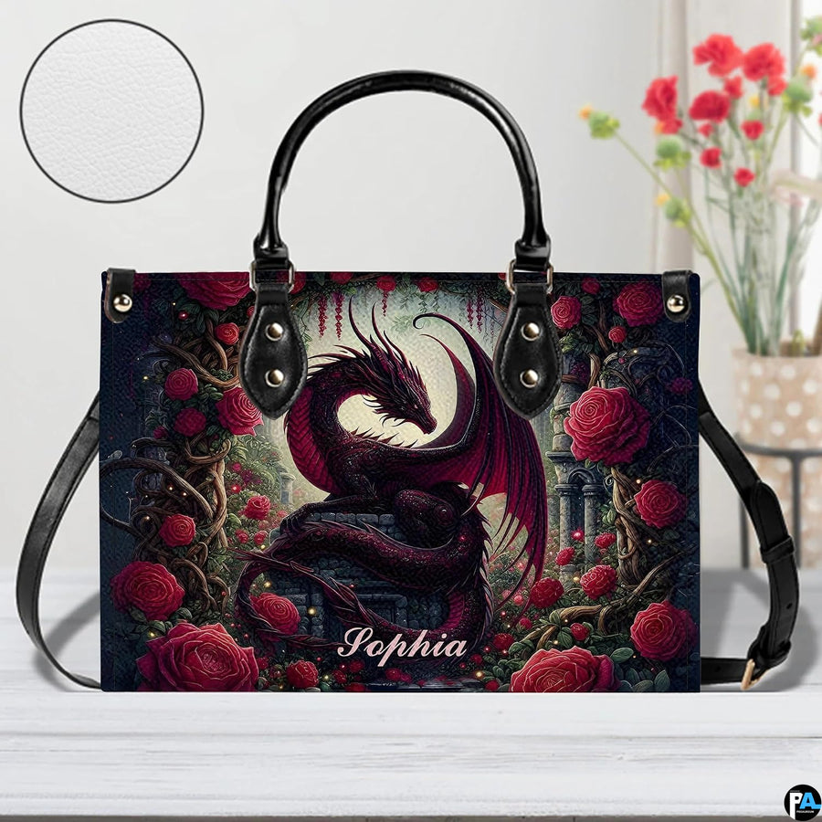 Dragon handbag beside floral vase with circular texture detail showing surface grain.
