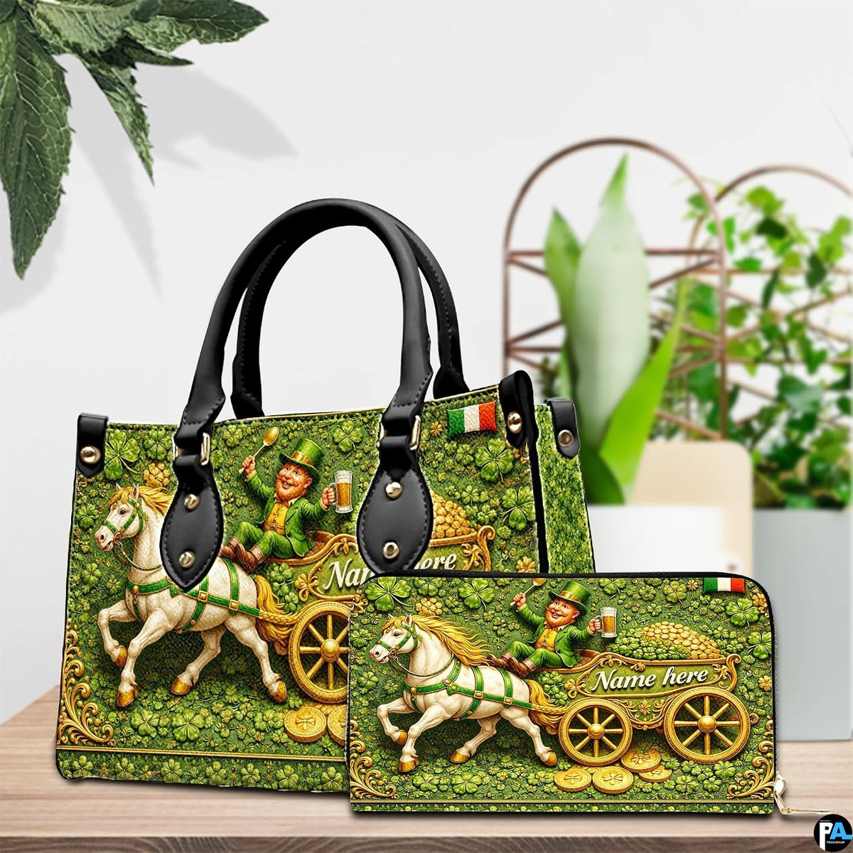 Irish leprechaun handbag and matching wallet in tabletop scene