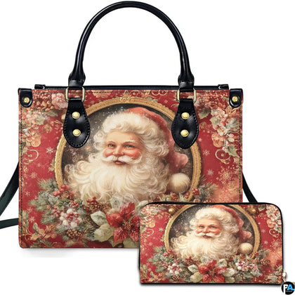 Front view of vintage Santa Claus cameo handbag and matching zip wallet on solid white background