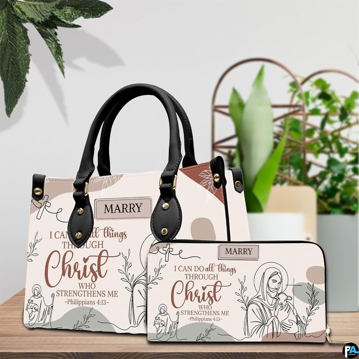 Christian Jesus handbag carried outdoors by top handle on residential street.