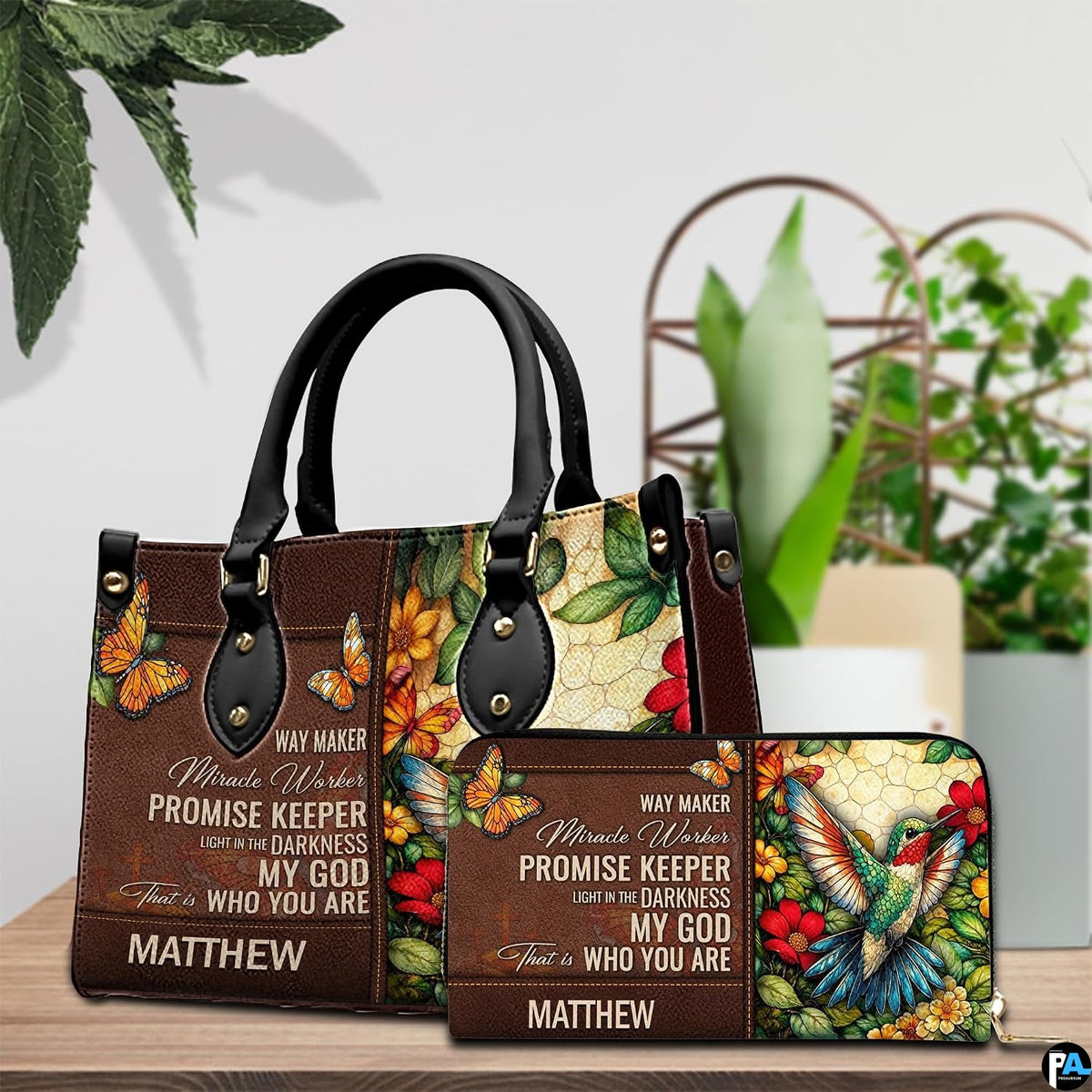 Dual presentation demonstrating handheld carrying via top handles and shoulder display mode for the accessory pairing